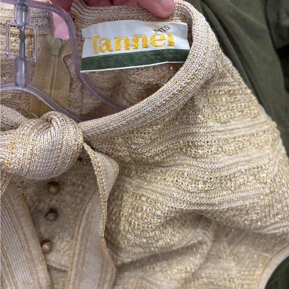 Vintage 60s Tannel Knit gold Elegant Tan Short Sleeve Dress - Picture 4 of 4